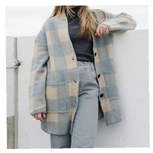 KORI AMERICA BUFFALO CHECK SWEATER CARDIGAN OVERSIZED BLUE‎ CREAM M/L /PB2